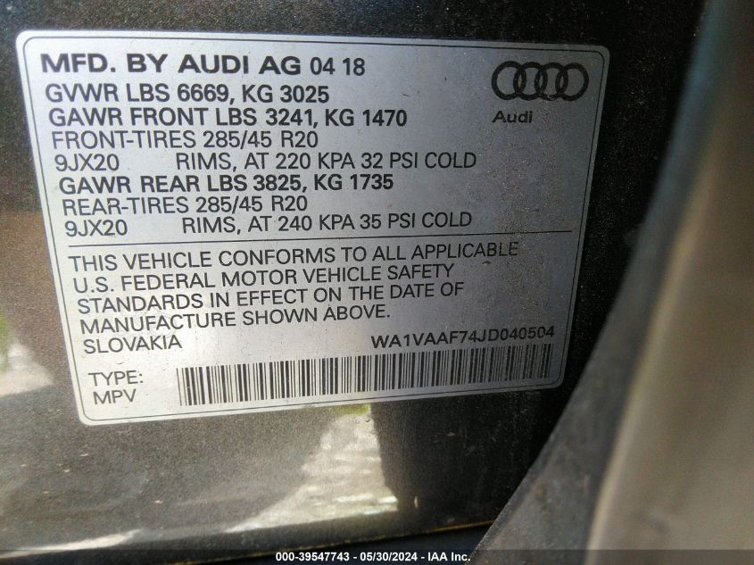 2018 AUDI Q7 3.0T PREMIUM - WA1VAAF74JD040504