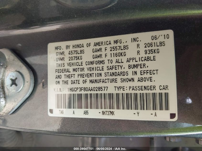 2010 Honda Accord 3.5 Ex-L VIN: 1HGCP3F80AA028577 Lot: 39547751