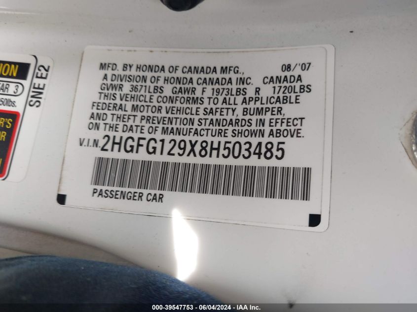 2008 Honda Civic Ex-L VIN: 2HGFG129X8H503485 Lot: 39547753
