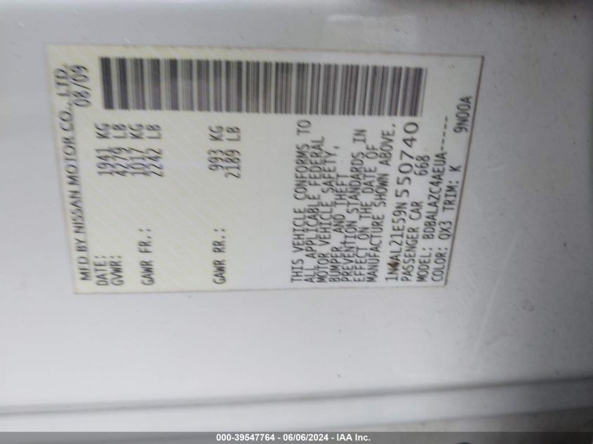 2009 Nissan Altima 2.5 VIN: 1N4AL21E59N550740 Lot: 39547764