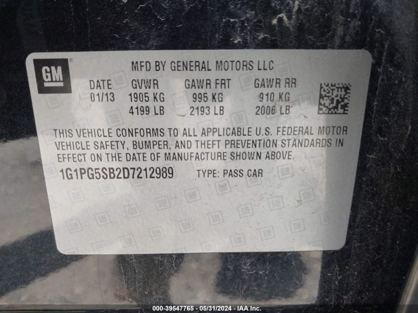 2013 Chevrolet Cruze Ltz VIN: 1G1PG5SB2D7212989 Lot: 39547765