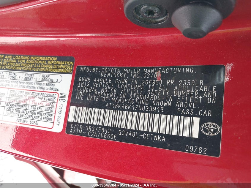 2007 Toyota Camry Le V6 VIN: 4T1BK46K17U033915 Lot: 39547784