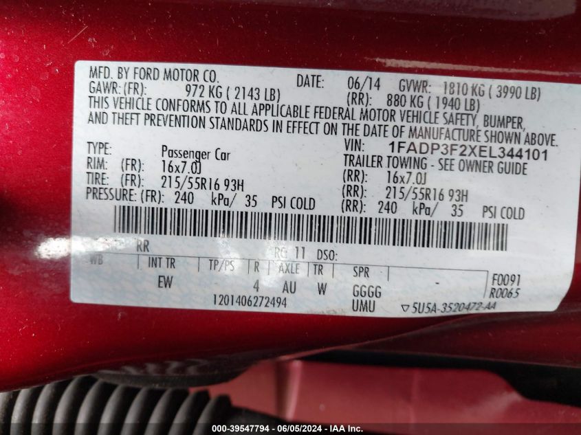 1FADP3F2XEL344101 2014 Ford Focus Se