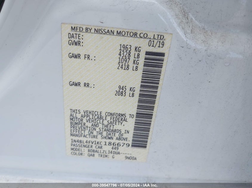 2019 NISSAN ALTIMA PLATINUM - 1N4BL4FV1KC186679