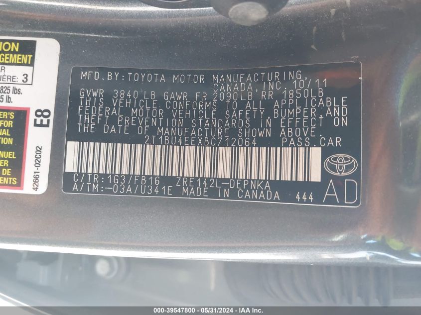 2011 Toyota Corolla Le VIN: 2T1BU4EEXBC712064 Lot: 39547800