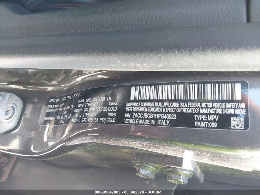 2017 Jeep Renegade Trailhawk 4X4 VIN: ZACCJBCB1HPG40923 Lot: 39547809