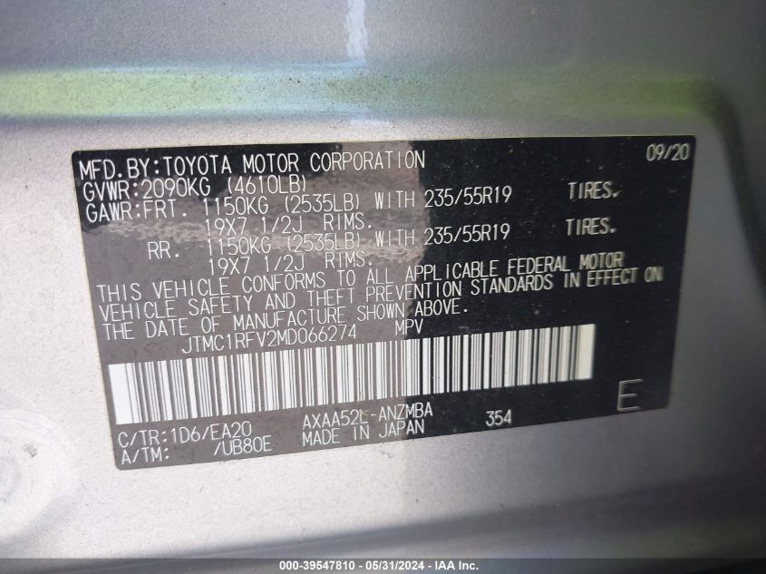 2021 Toyota Rav4 Xle Premium VIN: JTMC1RFV2MD066274 Lot: 39547810