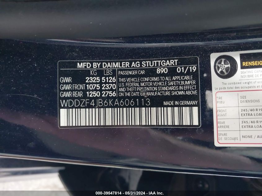 2019 Mercedes-Benz E 300 VIN: WDDZF4JB6KA606113 Lot: 39547814