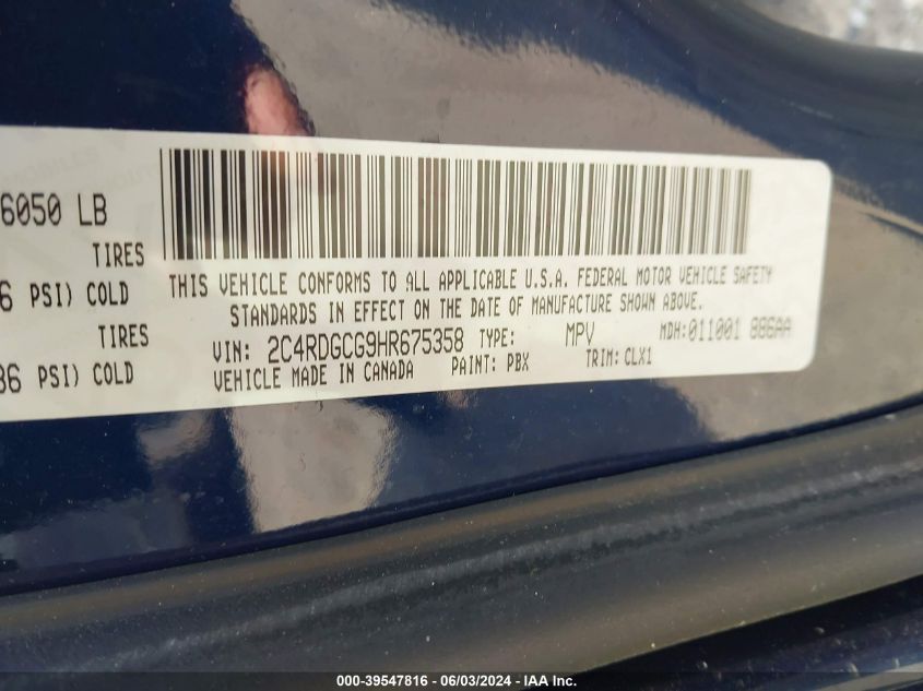 2017 Dodge Grand Caravan Sxt VIN: 2C4RDGCG9HR675358 Lot: 39547816