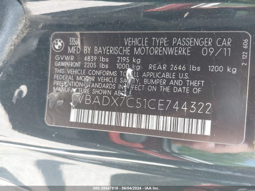 2012 BMW 335I VIN: WBADX7C51CE744322 Lot: 39547818