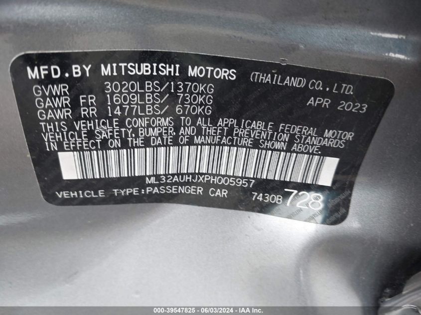 2023 Mitsubishi Mirage Es VIN: ML32AUHJXPH005957 Lot: 39547825