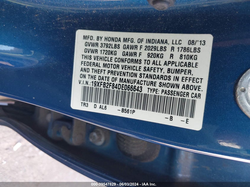 2013 Honda Civic Ex VIN: 19XFB2F84DE066643 Lot: 39547829
