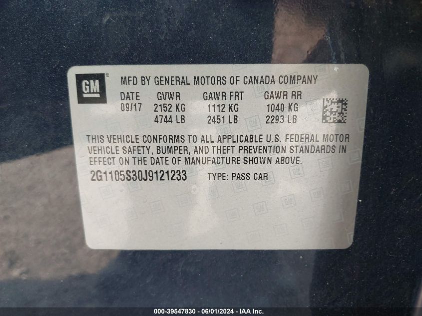 2018 Chevrolet Impala 1Lt VIN: 2G1105S30J912123 Lot: 39547830