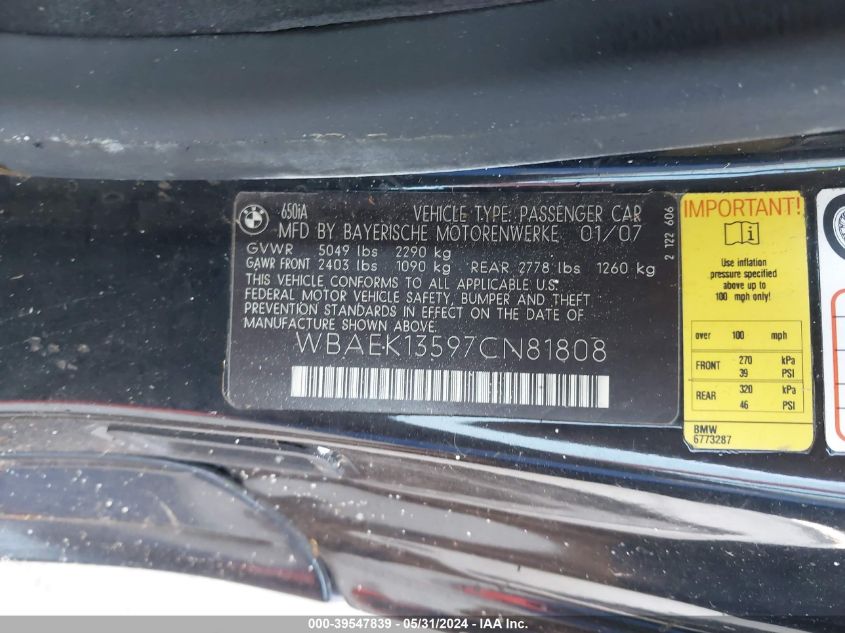 2007 BMW 650I VIN: WBAEK13597CN81808 Lot: 39547839