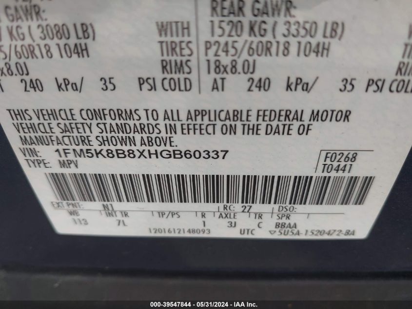 2017 Ford Explorer VIN: 1FM5K8B8XHGB60337 Lot: 39547844