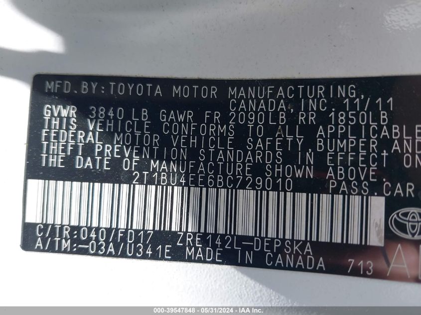 2011 Toyota Corolla S VIN: 2T1BU4EE6BC729010 Lot: 39547848