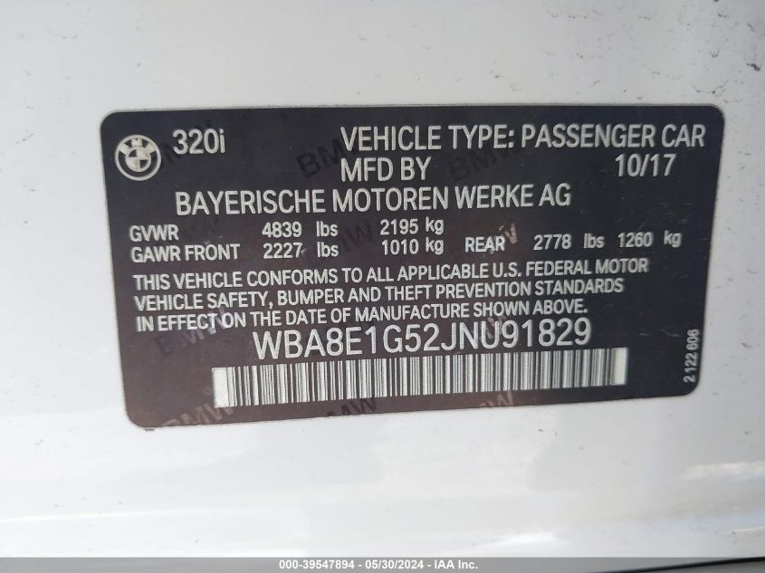 2018 BMW 320I VIN: WBA8E1G52JNU91829