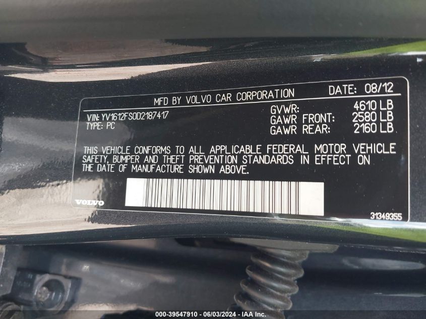 2013 VOLVO S60 T5/T5 PLATINUM/T5 PREMIER/T5 PREMIER PLUS - YV1612FS0D2187417