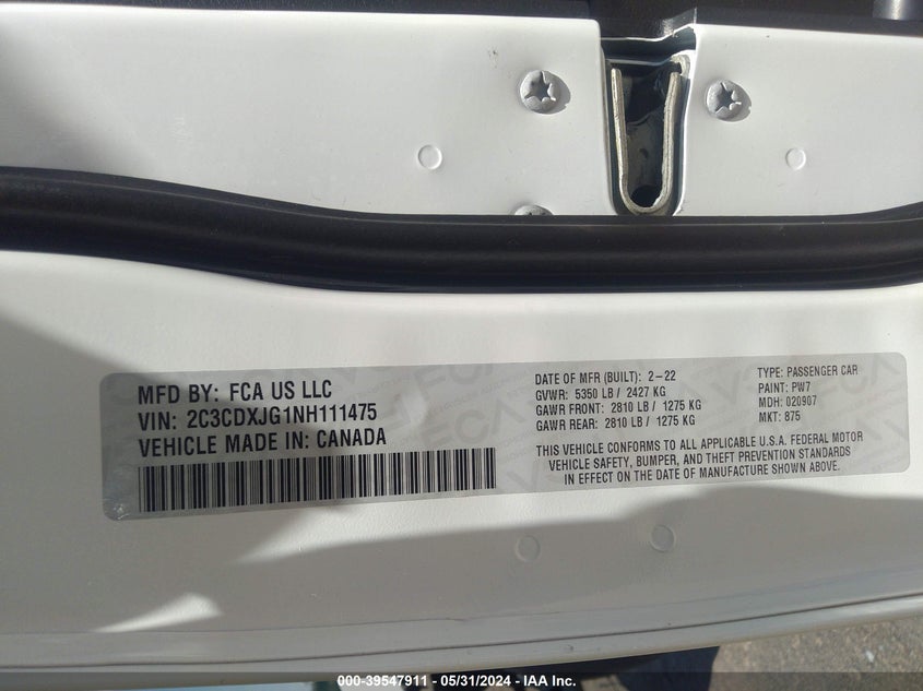 2022 Dodge Charger Sxt Awd VIN: 2C3CDXJG1NH111475 Lot: 39547911