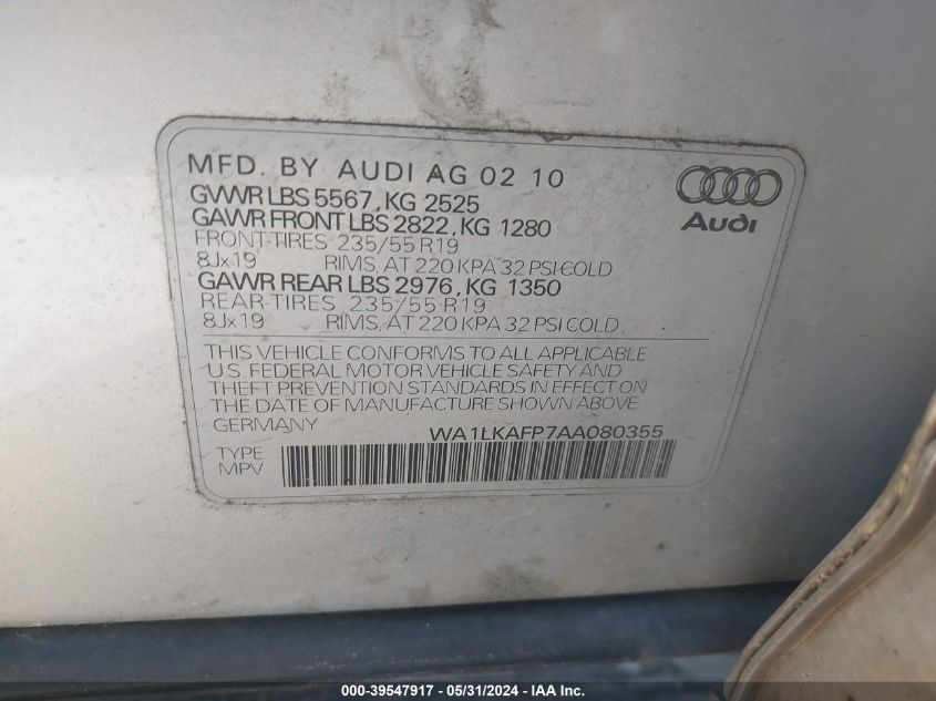 2010 Audi Q5 Premium Plus VIN: WA1LKAFP7AA080355 Lot: 39547917