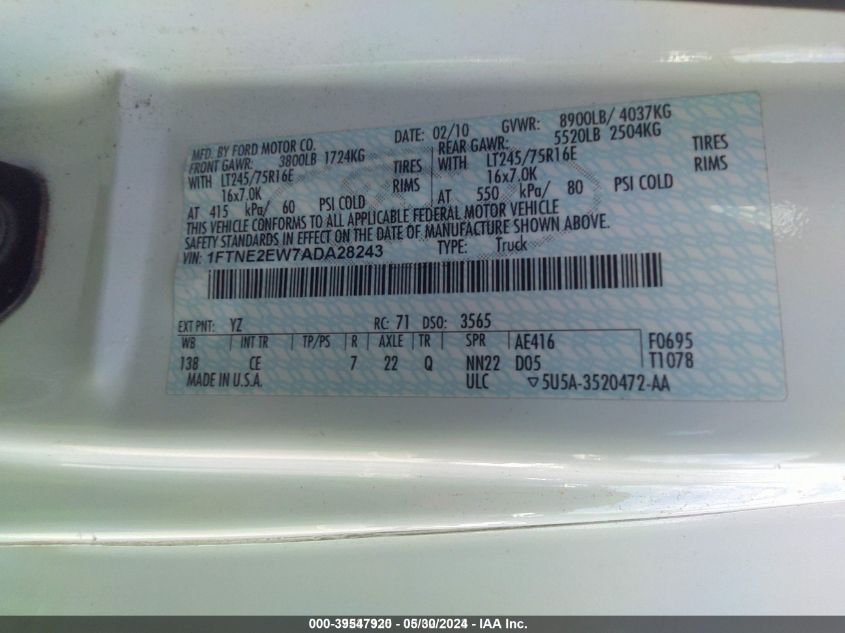 2010 Ford E-250 Commercial/Recreational VIN: 1FTNE2EW7ADA28243 Lot: 39547920