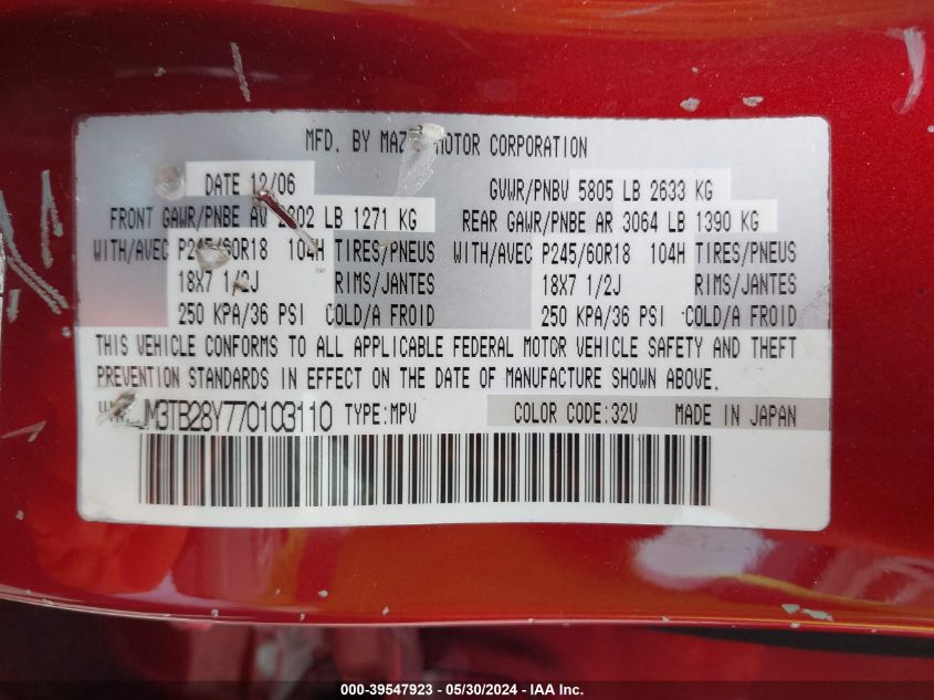 2007 Mazda Cx-9 Sport VIN: JM3TB28Y770103110 Lot: 39547923