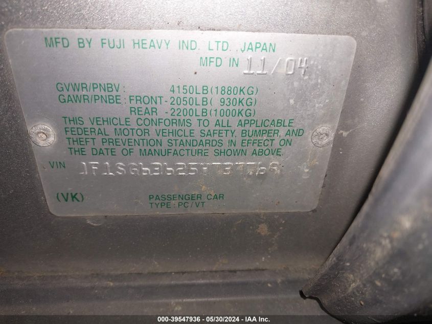 2005 Subaru Forester 2.5X VIN: JF1SG63625H737769 Lot: 39547936