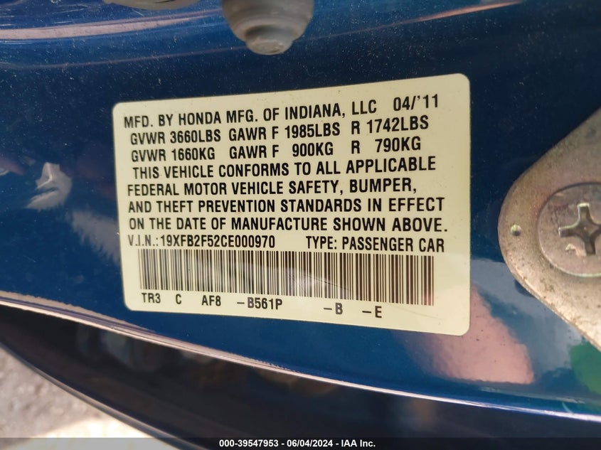 2012 Honda Civic Lx VIN: 19XFB2F52CE000970 Lot: 39547953
