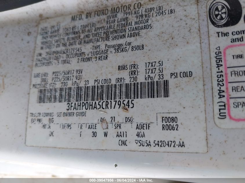 2012 Ford Fusion Se VIN: 3FAHP0HA5CR179545 Lot: 39547956