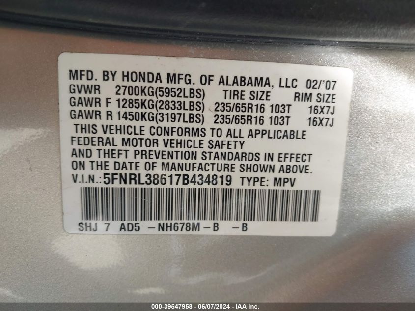 2007 Honda Odyssey Ex-L VIN: 5FNRL38617B434819 Lot: 39547958