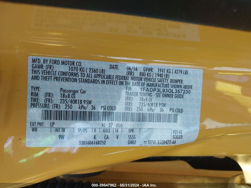 2016 Ford Focus St VIN: 1FADP3L93GL357230 Lot: 39547962