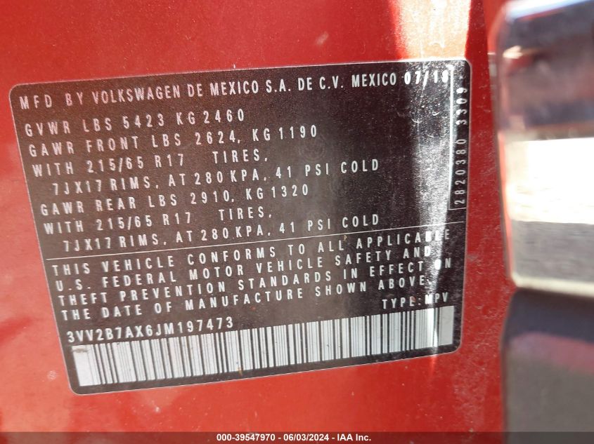 2018 Volkswagen Tiguan 2.0T Se/2.0T Sel VIN: 3VV2B7AX6JM197473 Lot: 39547970