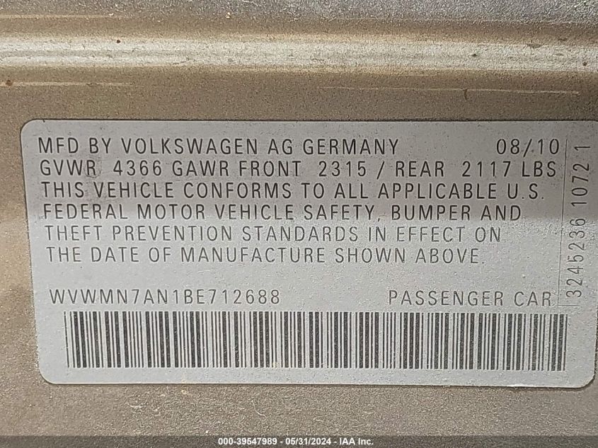 2011 Volkswagen Cc Sport VIN: WVWMN7AN1BE712688 Lot: 39547989