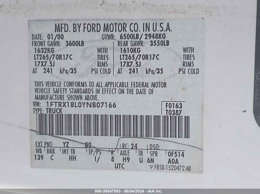 2000 Ford F-150 Lariat/Work Series/Xl/Xlt VIN: 1FTRX18L0YNB07166 Lot: 39547993