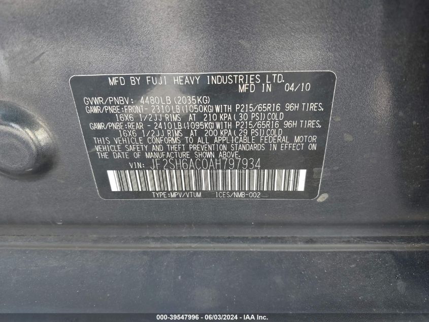 2010 Subaru Forester 2.5X VIN: JF2SH6AC0AH797934 Lot: 39547996