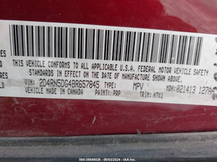 2011 Dodge Grand Caravan Crew VIN: 2D4RN5DG4BR657845 Lot: 39548026