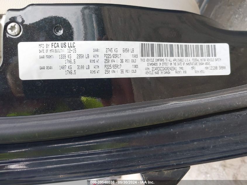 2016 Dodge Grand Caravan Sxt VIN: 2C4RDGCGXGR242341 Lot: 39548038