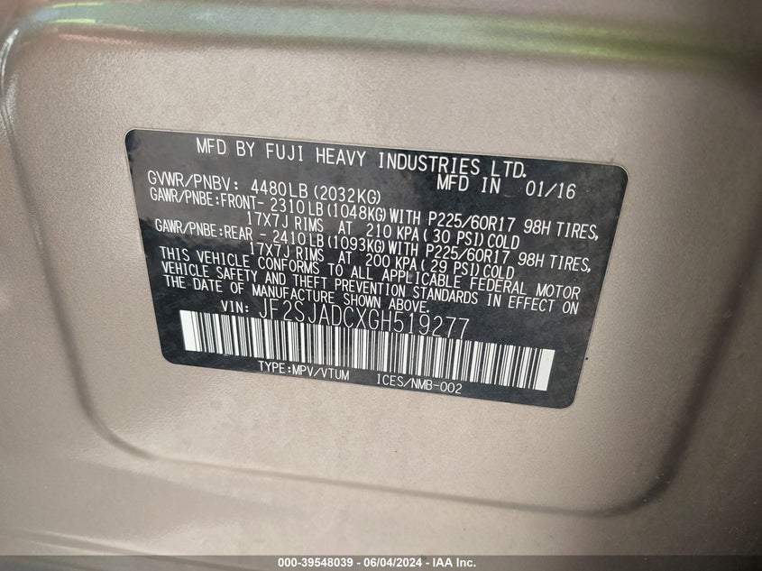 2016 Subaru Forester 2.5I Premium VIN: JF2SJADCXGH519277 Lot: 39548039