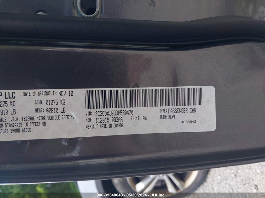 2013 Dodge Charger Sxt Plus VIN: 2C3CDXJG3DH580470 Lot: 39548049