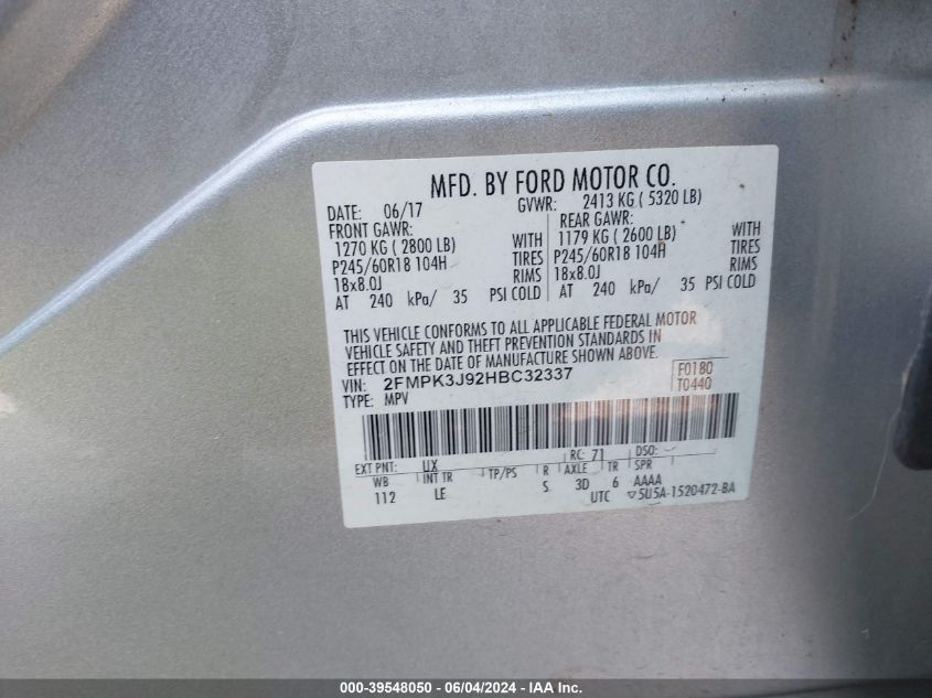 2017 Ford Edge Sel VIN: 2FMPK3J92HBC32337 Lot: 39548050