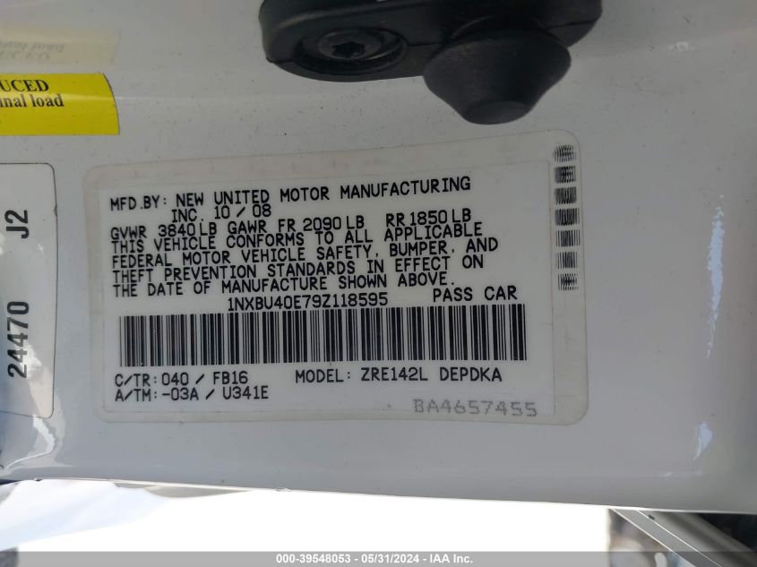 2009 Toyota Corolla Le VIN: 1NXBU40E79Z118595 Lot: 39548053