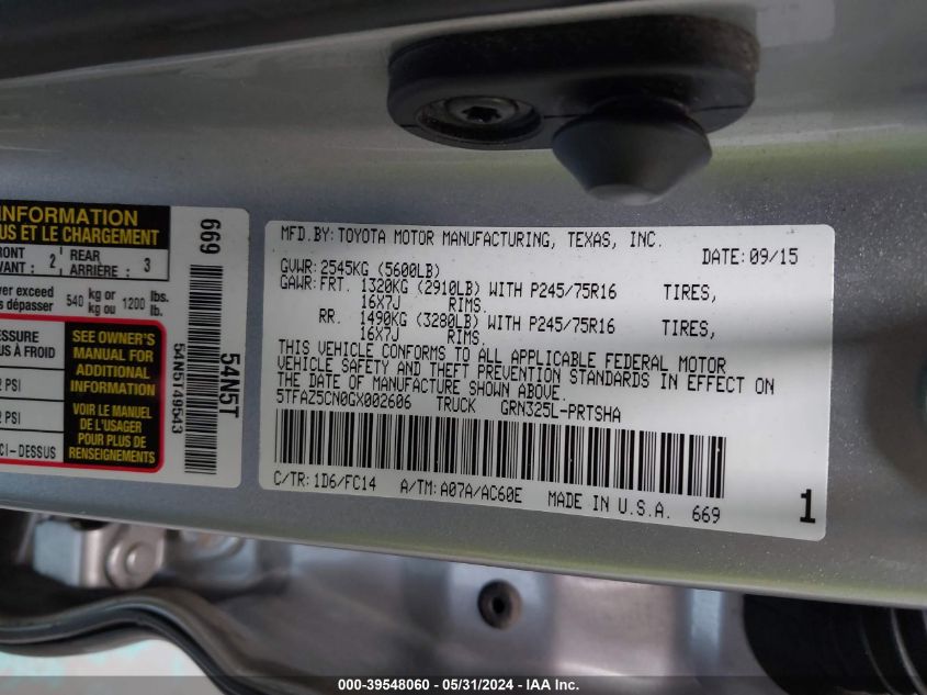 2016 Toyota Tacoma Dbl Cab/Sr5/Trd Sport/Or VIN: 5TFAZ5CN0GX002606 Lot: 39548060