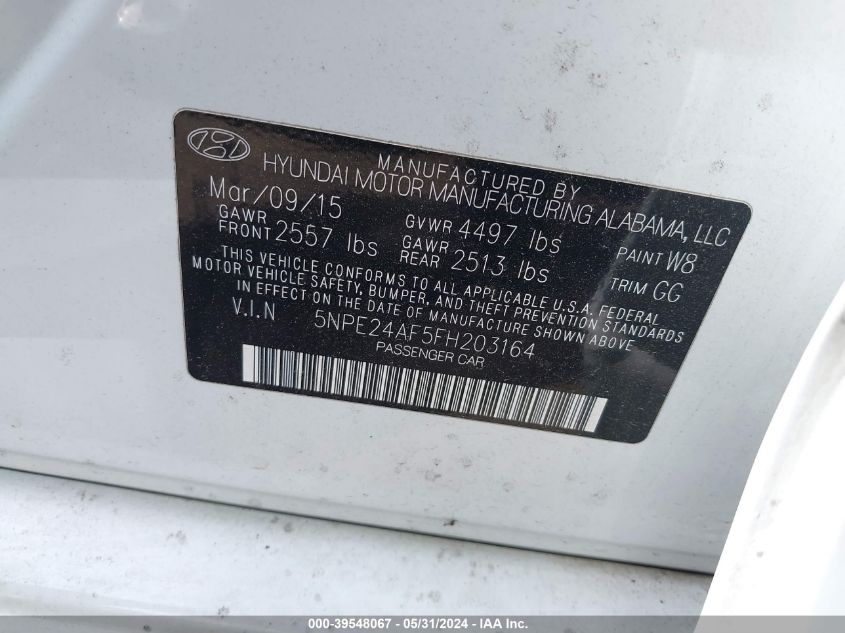 2015 Hyundai Sonata Se VIN: 5NPE24AF5FH203164 Lot: 39548067