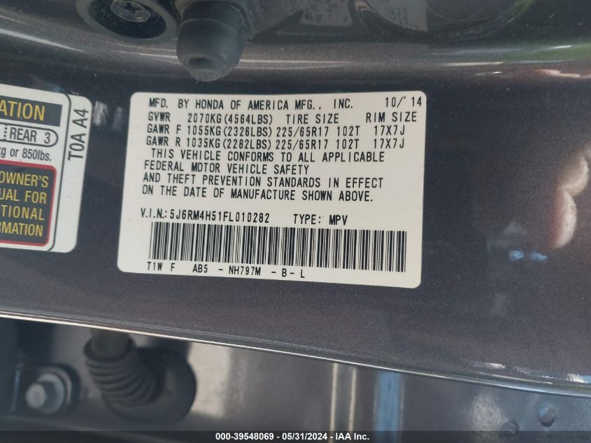 2015 Honda Cr-V Ex VIN: 5J6RM4H51FL010282 Lot: 39548069