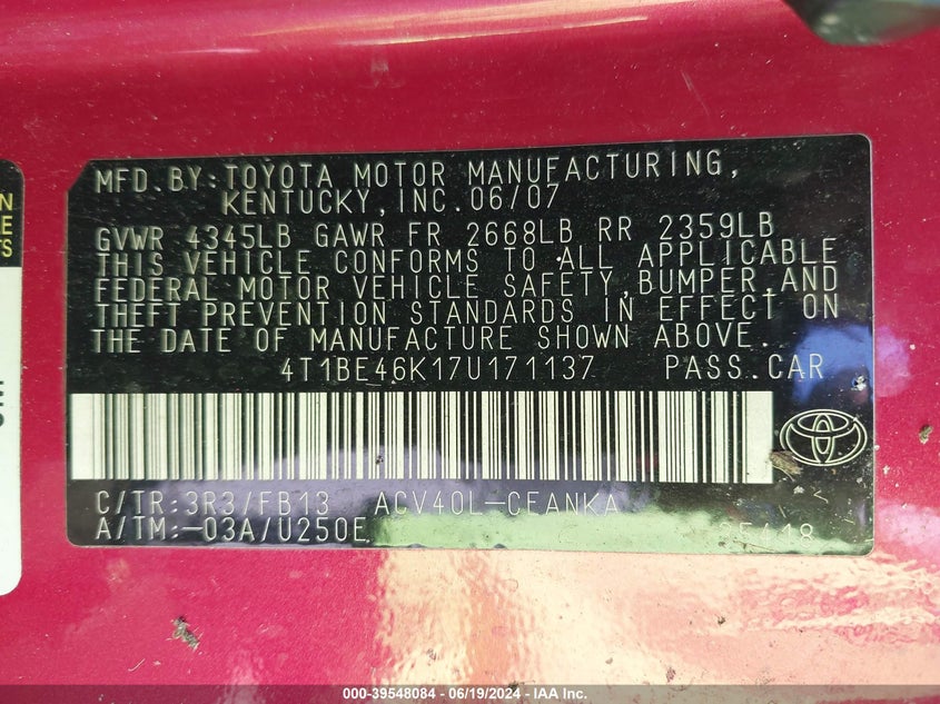 2007 Toyota Camry Le VIN: 4T1BE46K17U171137 Lot: 39548084