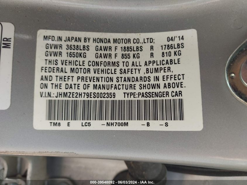 2014 Honda Insight Ex VIN: JHMZE2H79ES002359 Lot: 39548092