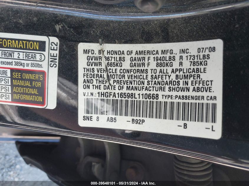 1HGFA16598L110668 2008 Honda Civic Lx