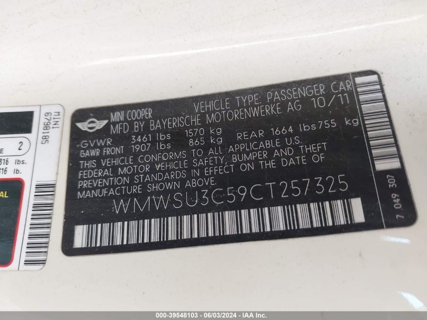 2012 Mini Cooper VIN: WMWSU3C59CT257325 Lot: 39548103