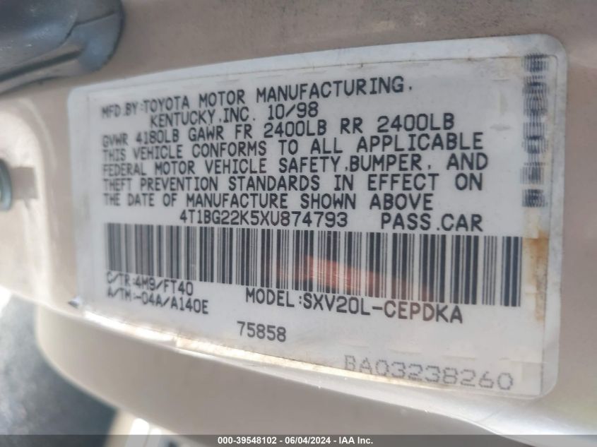 2000 Toyota Camry Le VIN: JT2BG22K3Y0428129 Lot: 39548102