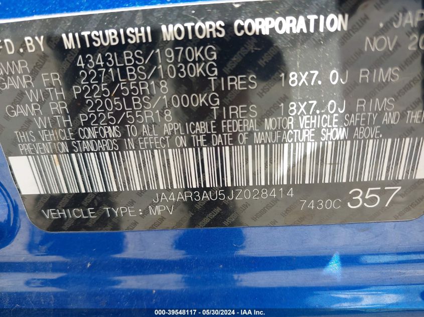 2018 Mitsubishi Outlander Sport 2.0 Es VIN: JA4AR3AU5JZ028414 Lot: 39548117